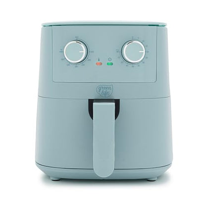 GreenLife 4.5QT Air Fryer, Mechanical Dial Controls, PFAS-Free Ceramic Nonstick Drawer, Adjustable Temp & Timer, LED Indicator, Oil-Less Cooking, Dishwasher Safe, Compact Family Size, Blue