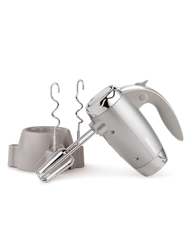 BETTY CROCKER Hand Blender 7 Speed, 250 Watt Electric Mixer with Beaters and Dough Hooks, Ergonomic Electric Hand Mixer for Home & Kitchen with Stand and Soft Touch Handle, Silver