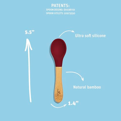 Avanchy Baby Spoons, Silicone Baby Spoons for Self Feeding, Toddler & Infant Spoons 4+ Months, Baby Led Weaning Utensils, Soft Tip Feeding Spoons, BPA Free Bamboo Handle, 5 Pack Blue