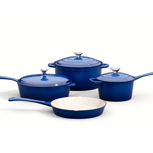 MAISON ARTS 7 Piece Enameled Cast Iron Cookware Set, Induction Dutch Oven Pot with Lid, Blue Non Toxic Pots and Pans set, PFOA-PFOS Free