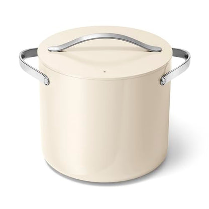 Caraway Stock Pot - 12 Qt Ceramic Coated With Lid - Free From Forever Chemicals - Large for Bigger Batches - Cream