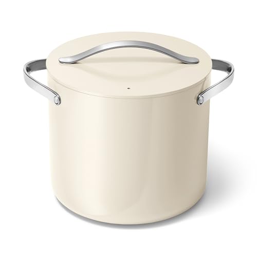 Caraway Stock Pot - 12 Qt Ceramic Coated With Lid - Free From Forever Chemicals - Large for Bigger Batches - Cream
