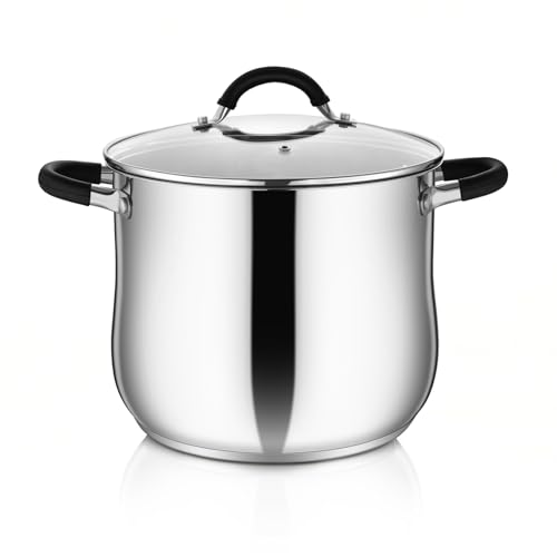 P&P CHEF Stainless Steel Stock Pot, 10 Qt Cooking Soup Pot with Visible Lid for Pasta, Tri-Ply Bottom & Dual Heatproof Handles, For Induction Gas All Stoves, Non-Toxic & Dishwasher Safe