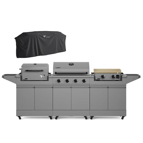Tytus Anaheim 4-Burner Gas Grill with Two Prep Carts, Charcoal Grill, and Gas Griddle with Cover - Modular Outdoor Kitchen, Quick Assembly, Outdoor Cooking, Kitchen Island for BBQ