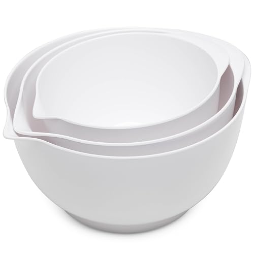 ZAROCRUS Nesting Mixing Bowls Set, 3 Piece Melamine Bowls Set, 2.5 quart, 3.5 quart, 4.5 quart, Non Slip Base with Easy Pour Spout, Kitchen Cooking and Baking Supplies, White