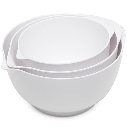 ZAROCRUS Nesting Mixing Bowls Set, 3 Piece Melamine Bowls Set, 2.5 quart, 3.5 quart, 4.5 quart, Non Slip Base with Easy Pour Spout, Kitchen Cooking and Baking Supplies, White