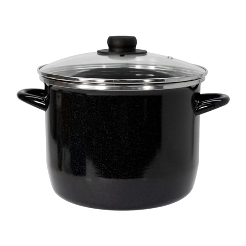EKCO EOS 8-Quart Speckled Stockpot with Glass Lid (Black) Soup Pot for All Ranges, Dishwasher & Oven Safe up to 350°F - Non-Reactive Enameled Interior Pot for Gumbo, Stew, Boil, Pasta, Chili
