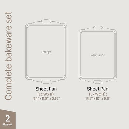BAKKEN Kitchen Baking Pans - Medium (15.15 × 10.03") and Large (17.1 x 11.8") Nonstick Sheets, Carbon Steel Cookie Sheets with Red Silicone Handles, PFOA, PFOS, PTFE Free, Oven Safe (450°F), Set of 2