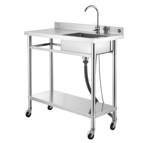 VEVOR Stainless Steel Utility Sink, Rolling Single Bowl Commercial Kitchen Sink with Wheels,Faucet and Hot & Cold Water Pipe,Utility Basin Workbench for Garage Restaurant Laundry 39.4 x 19.7 x 41.5 in