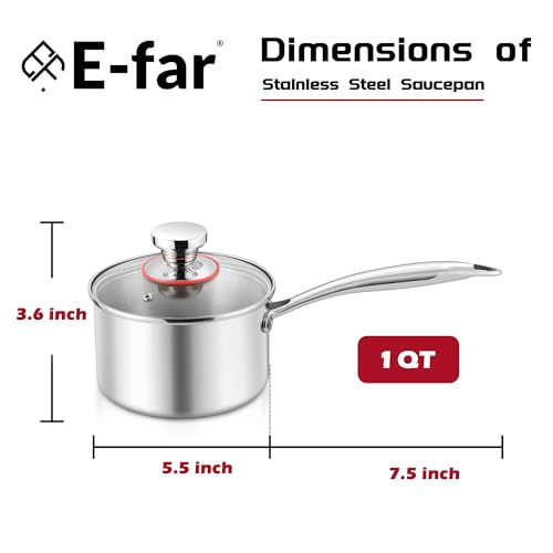 E-far 1-Quart Saucepan, Tri-Ply Stainless Steel Sauce Pan with Glass Lid, Small Cooking Induction Pot Compatible with All Cooktops, Non Toxic, Oven & Dishwasher Safe