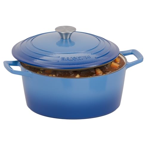 Bakken Enameled Cast Iron Dutch Oven Pot, 6QT Dutch Oven for Bread Baking, Braising & Roasting, Kitchen & Campfire Cooking, Moisture-Locking Lid, Oven Safe Up To 500°F, Works on All Cooktops, Blue
