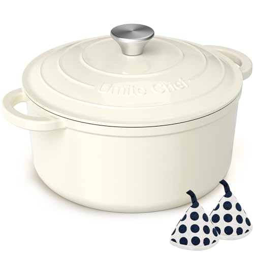 Umite Chef Enameled Cast Iron Dutch Oven-7QT Pot with Lid Cookbook & Cotton, Heavy-Duty Cookware for for Bread Baking, Braising, Stews, Marinate, Cook(Cream White)