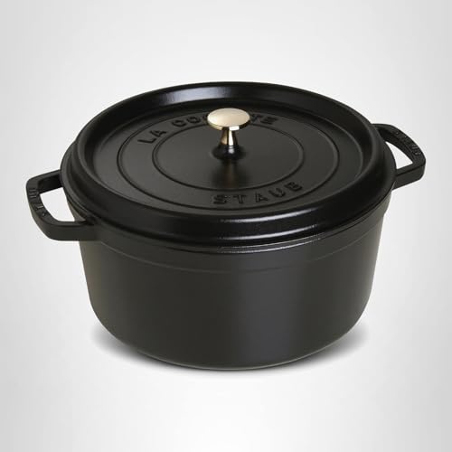 Staub Cast Iron Round Cocotte, Dutch Oven, 7-quart, serves 7-8, Made in France, Matte Black