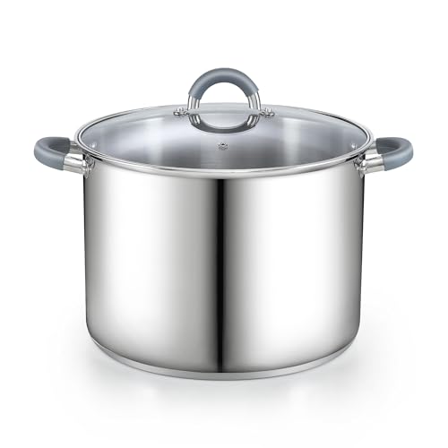 Cook N Home Large Stock Pot with Lid, 16-Quart Basic Stainless Steel Cooking Gumbo Soup Pot, Stay-Cool Silicone Handles