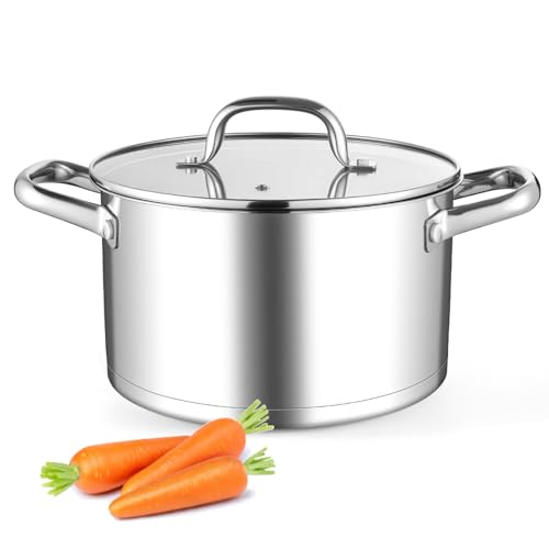 Leonyo 6QT Stock Pot with Lid, Stainless Steel Soup Pasta Pot for Home Kitchen Restaurant, Tri-Ply Bottom Stockpot for Canning, Boiling, Simmer, Dishwasher Safe
