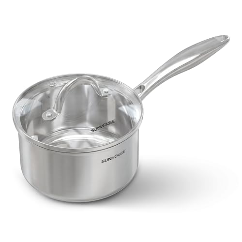 Sunhouse 2 Quart Sauce Pan with Lid, Tri-Ply Stainless Steel Saucepan with Full-Clad Base, Small Pot for Cooking, PFOA-Free, Professional Induction Ready Cookware