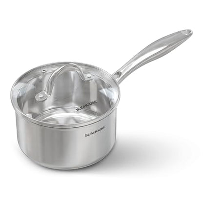 Sunhouse 2 Quart Sauce Pan with Lid, Tri-Ply Stainless Steel Saucepan with Full-Clad Base, Small Pot for Cooking, PFOA-Free, Professional Induction Ready Cookware