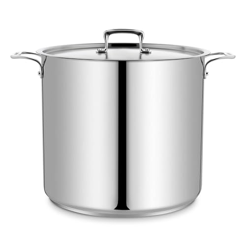 Stainless Steel Stockpot with Lid 24 Quart, Durable 18/8 Stainless Steel, Impact-Bonded Base for Even Heating, Riveted Handles, Oven & All Stove Compatible, Safe Up To 500°F (260°C)