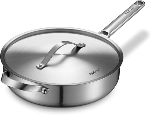 VEDNHOL Stainless Steel Saute Pan with Stainless Steel Lid 7-Quart,13-Inch Deep Skillet,Dishwasher&Oven Safe,Induction&All Stove Compatible,Brushed Finish