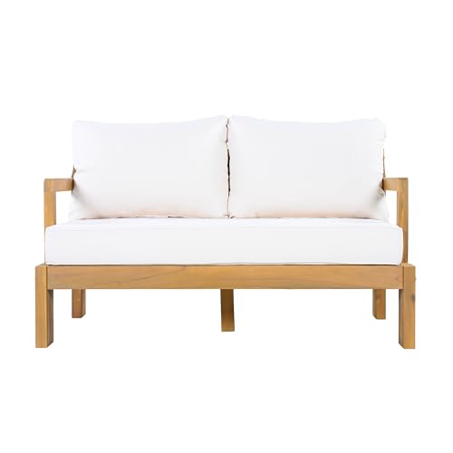 Christopher Knight Home Bayah 4 Piece Patio Furniture Set with Removable Cushion, Acacia Wood Outdoor Sectional Sofa Set with Coffee Table, 4 Seater Outdoor Conversation Set, Beige+Natural