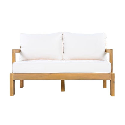 Christopher Knight Home Bayah 4 Piece Patio Furniture Set with Removable Cushion, Acacia Wood Outdoor Sectional Sofa Set with Coffee Table, 4 Seater Outdoor Conversation Set, Beige+Natural