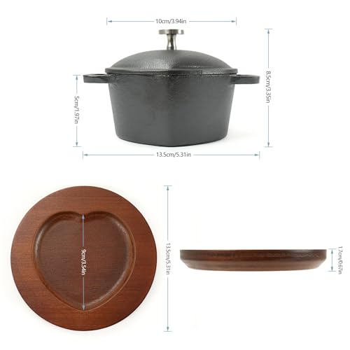 HAWOK Pre-seasoned Cast lron Mini Dutch Oven, 8.8oz. with Wooden Underliner, Heart Shaped, Set of 2, Black
