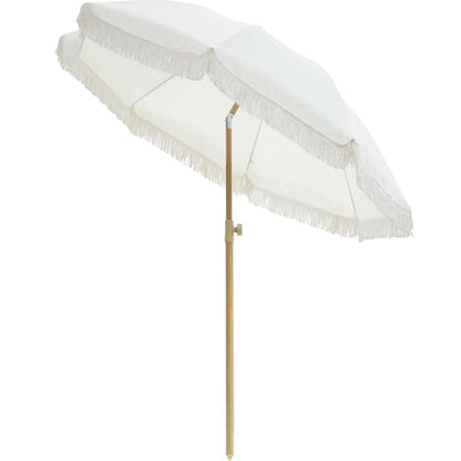 Kbrellaoutlets Patio Fringe Umbrella with UPF 50+ Protection,8 Ribs and Push Button Tilt,Outdoor Beach Umbrella For Garden, Courtyard,Pool,Outside