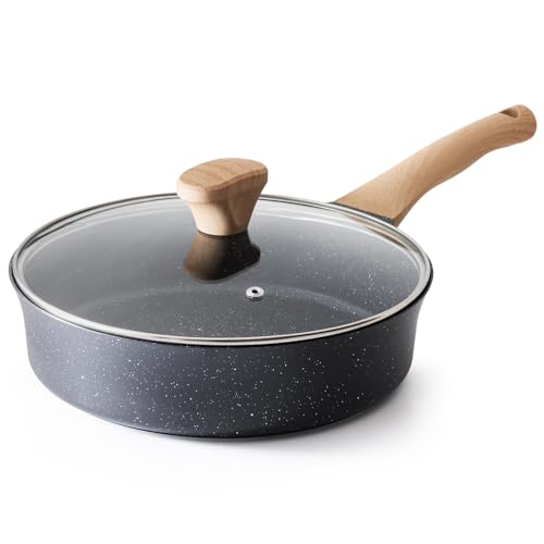 AnimoZest Nonstick Deep Frying Pan with Lid, 3.5 QT Swiss Granite Coating Sauté Pan, 10 Inch Healthy Non Stick Skillet Cooking Pan with Stay Cool Handles, PFOA Free, Induction Ready.