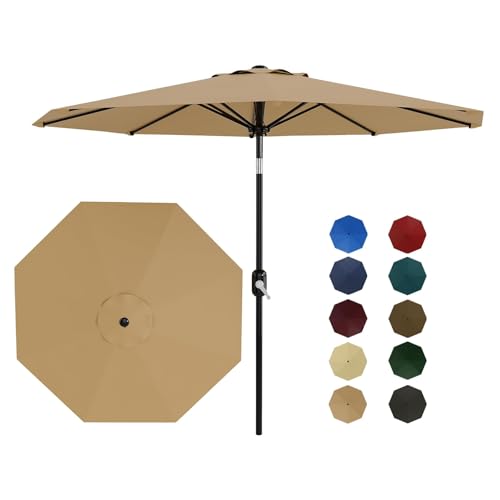 Garvee 9FT Patio Umbrella - Outdoor Table Umbrella with Crank Lift & Push Button Tilt - Market Umbrella 8 Sturdy Ribs UV Protection for Pool, Deck, Yard, Garden, Tan