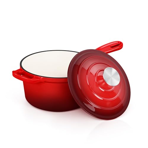 E-far Enameled Cast Iron Sauce Pan with Lid, 1 Quart Dutch Oven Saucepan, Mini Sauce Pot for Cooking, Boiling, Healthy & Non Toxic, Induction & Oven Safe, Red