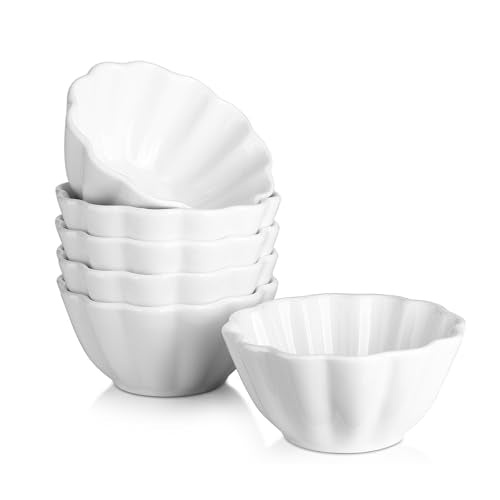 DOWAN Porcelain Ramekins - Oven Safe Serving Bowls for Souffle, Creme Brulee and Dipping Sauces, Flower Shape Ramekins for Baking (4OZ, White)