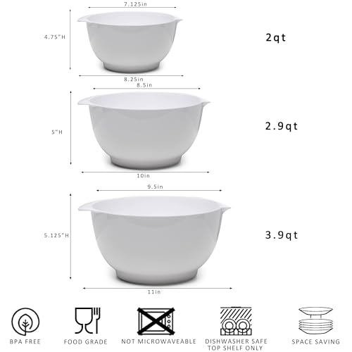 ZAROCRUS Nesting Mixing Bowls Set, 3 Piece Melamine Bowls Set, 2.5 quart, 3.5 quart, 4.5 quart, Non Slip Base with Easy Pour Spout, Kitchen Cooking and Baking Supplies, White