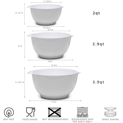 ZAROCRUS Nesting Mixing Bowls Set, 3 Piece Melamine Bowls Set, 2.5 quart, 3.5 quart, 4.5 quart, Non Slip Base with Easy Pour Spout, Kitchen Cooking and Baking Supplies, White