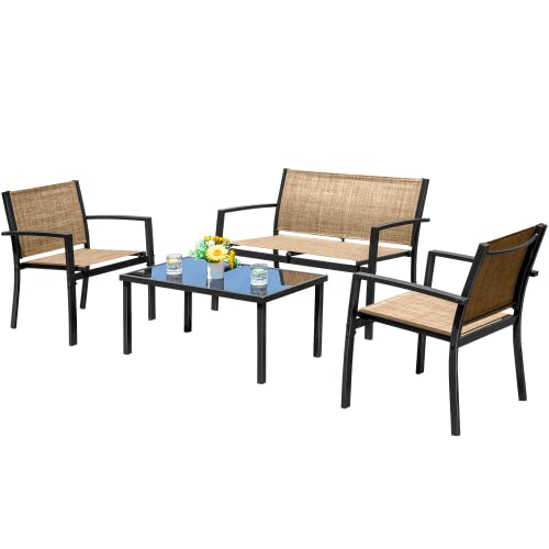 Devoko 4 Pieces Patio Furniture Set Outdoor Garden Patio Conversation Sets Poolside Lawn Chairs with Glass Coffee Table Porch Furniture (Yellow)