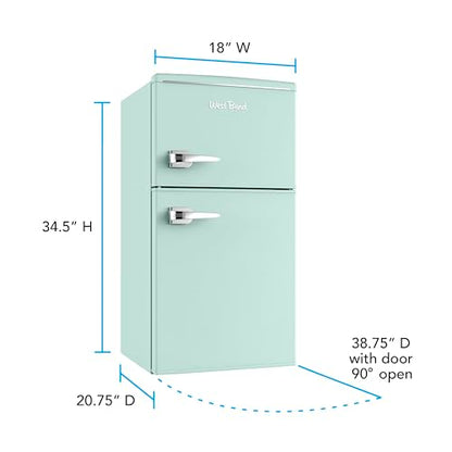 West Bend Mini Fridge with Freezer for Bedroom, Office, Bar or Dorm Room, Retro Compact Refrigerator features Glass Shelves, Manual Defrost and Adjustable Temperature Control, 3.1-Cu.Ft., Green