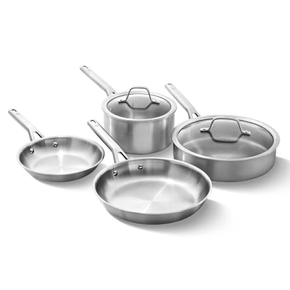 Calphalon Brushed 3-Ply Stainless Steel Cookware Set w/Turbo Heat Tech 6 Piece Includes Frying Pans, Pots and Pans Set, Induction, Oven Safe 450F, Brushed Stainless Silver
