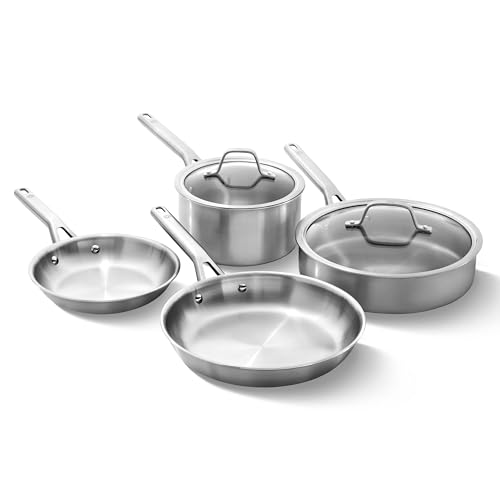 Calphalon Brushed 3-Ply Stainless Steel Cookware Set w/Turbo Heat Tech 6 Piece Includes Frying Pans, Pots and Pans Set, Induction, Oven Safe 450F, Brushed Stainless Silver