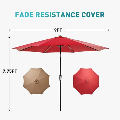 OLIXIS 9ft Patio Umbrella with Tilt and Crank Button & 8 Sturdy Ribs Waterproof, 9 feet Patio Table Umbrella Perfect for Poolside, Terrace, Beach and Outdoor Restaurant, Red