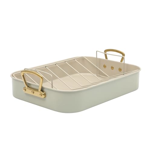 Gibson Home Broxton 2-Piece Nonstick Roaster Pan with Rack – 16 x 12 Inch Mint Green Turkey Roasting Pan with Cast Aluminum Gold Handles – Oven-Safe, Easy-Clean, Holiday Cookware