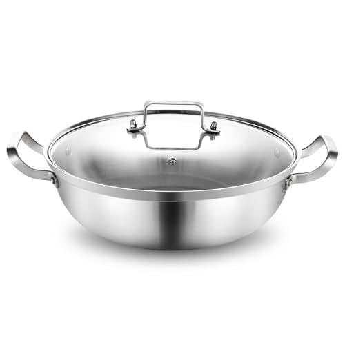 Delarlo Tri-Ply Stainless Steel Hot Pot 14 inch Everyday pan With lid, Everything Pan, Durable Deep Saute Pan, 7QT Induction Cooking Pot,Woks & Stir-Fry Pans Oven Safe Stock Pot