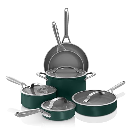 Ninja Ceramic Pro 10-Piece Cookware Set, NonStick Pots & Pans Set with Glass Lids, Nontoxic, PTFE Free, Ceramic Coated, Oven Safe, All Stovetops & Induction Compatible, British Racing Green, CW39010GN