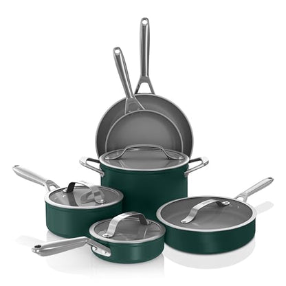 Ninja Ceramic Pro 10-Piece Cookware Set, NonStick Pots & Pans Set with Glass Lids, Nontoxic, PTFE Free, Ceramic Coated, Oven Safe, All Stovetops & Induction Compatible, British Racing Green, CW39010GN