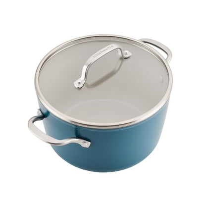 KitchenAid Hard Anodized Ceramic Induction Nonstick Pots and Pans Set with Saucepans, Frying Pans, Stockpot, and Lids, Dishwasher Safe, 9 Piece Cookware Set with Stainless Steel Handles - Agave Blue