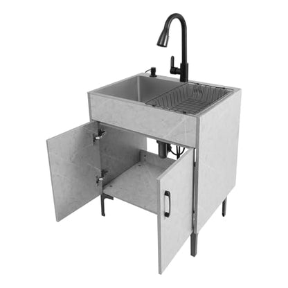 Freestanding Utility Sink, 30.71In Laundry Sink with Cabinet Indoor & Outdoor Utility Tub Pull-out Faucet&Gravity Ball&Drain Basket Heavy Duty for Laundry Garage Outdoor Kitchen Garden (Grey)