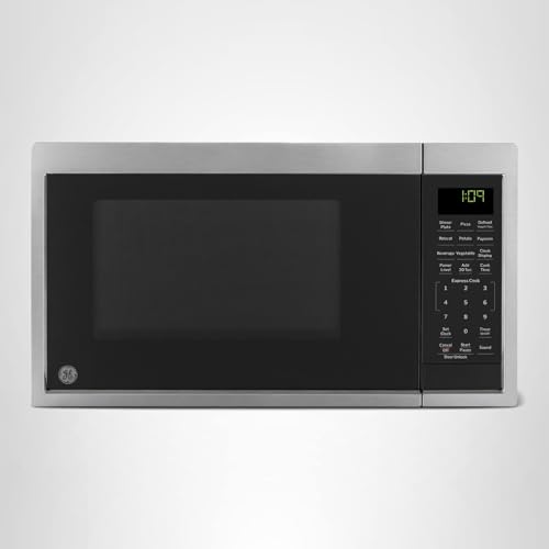 GE Countertop Microwave Oven, Compact 0.9 Cubic Ft., 900-watt Capacity, 7 Auto Cooking Settings, Child-Lock Technology, Kitchen Essentials for The Countertop, Dorm Room or Apartment, Stainless Steel