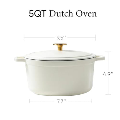CAROTE 5QT Enameled Cast Iron Dutch Oven Pot with Lid, Heavy-Duty Dutch Oven for Sourdough Bread Baking, Braising, Stews, Roasting, Healthy & Non-Toxic, Dual Handles, All Stovetop Compatible, Oven Safe up to 500° F, Cream White