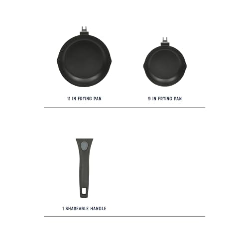 Oster SmartHandle 2-Piece Fry Pan Set, 11-Inch & 9-Inch Nonstick Skillets with Removable Handle – Oven & Dishwasher Safe, Space-Saving Cookware