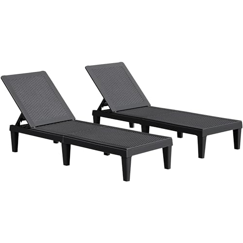 JUMMICO Patio Chaise Lounge Chair Set of 2 Outdoor PE Waterproof Adjustable Easy Assembly Lounge Chairs for Outside Pool Garden Deck Beach (Black, Set of 2)