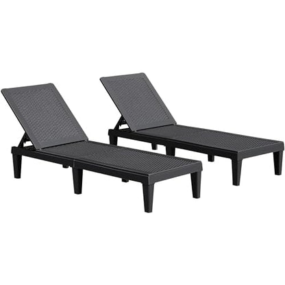 JUMMICO Patio Chaise Lounge Chair Set of 2 Outdoor PE Waterproof Adjustable Easy Assembly Lounge Chairs for Outside Pool Garden Deck Beach (Black, Set of 2)
