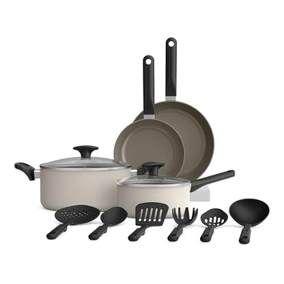 bella 12 Piece Cookware Set with EverGood™ Ceramic Nonstick Coating, Dishwasher & Oven Safe, All Stovetops Compatible, Tempered Glass Lids and Cool Touch Handles, Oatmilk
